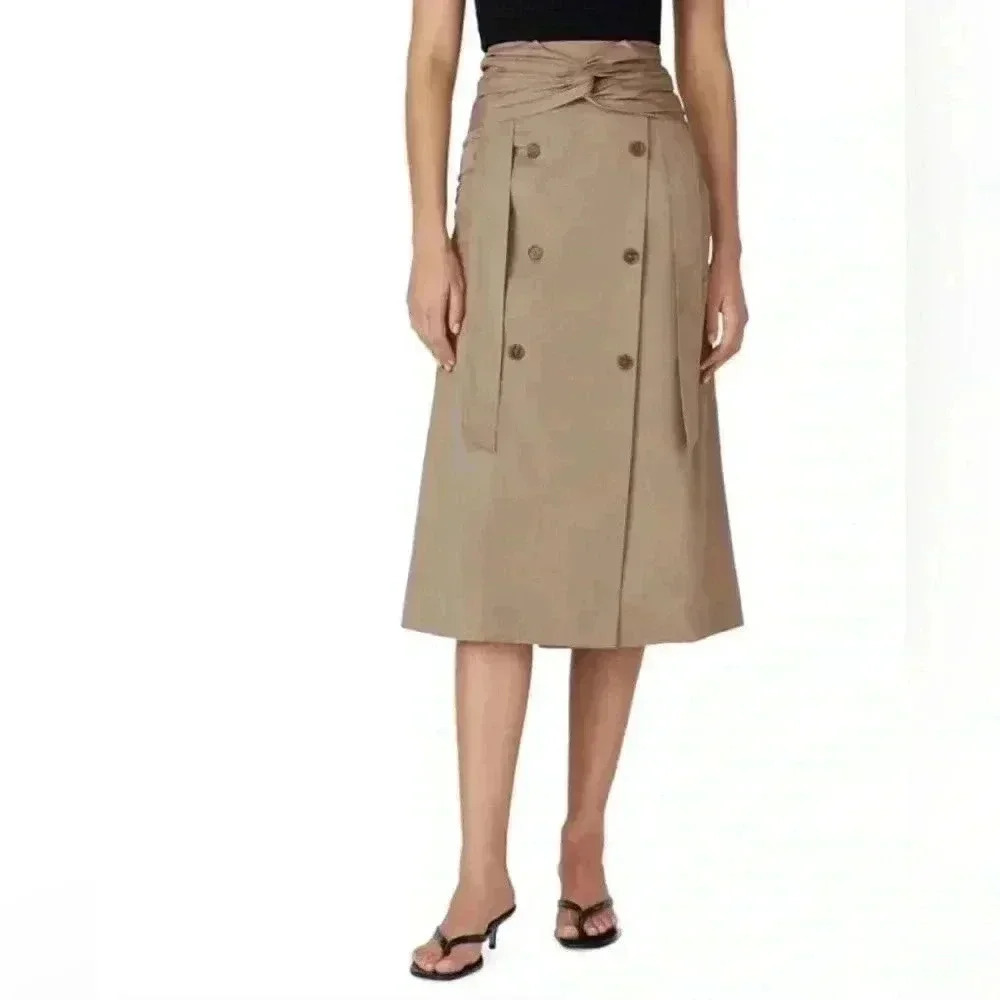 Rokh Midi Skirt 38 4 S Brown Beige Tan Twist Front Button Embellished Cotton - Picture 2 of 16